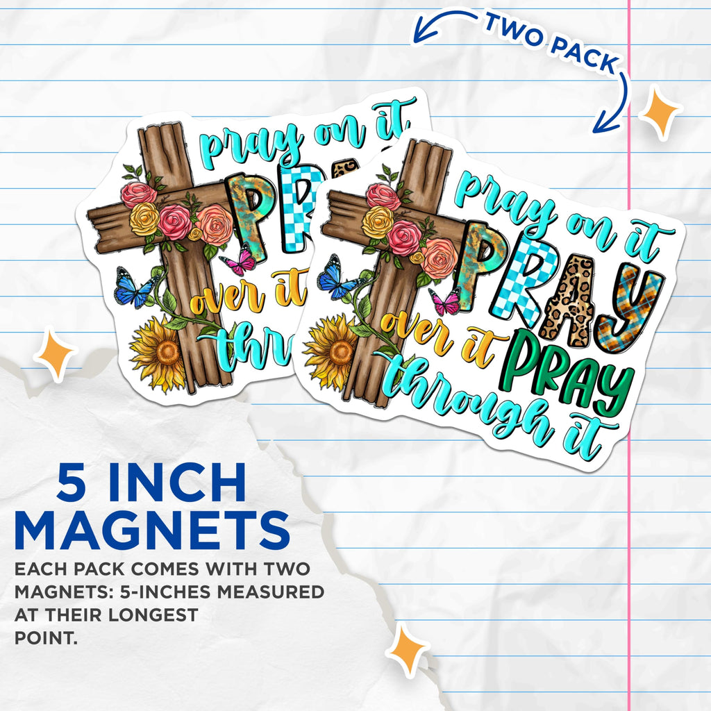 (2 Pack) Pray On It Magnets - Boho Christian Cross Decor - Faith Based Inspirational Reminder for Fridge - 5 Inches On Longest Side - Thick Durable Magnet - Made in USA - MAG29453