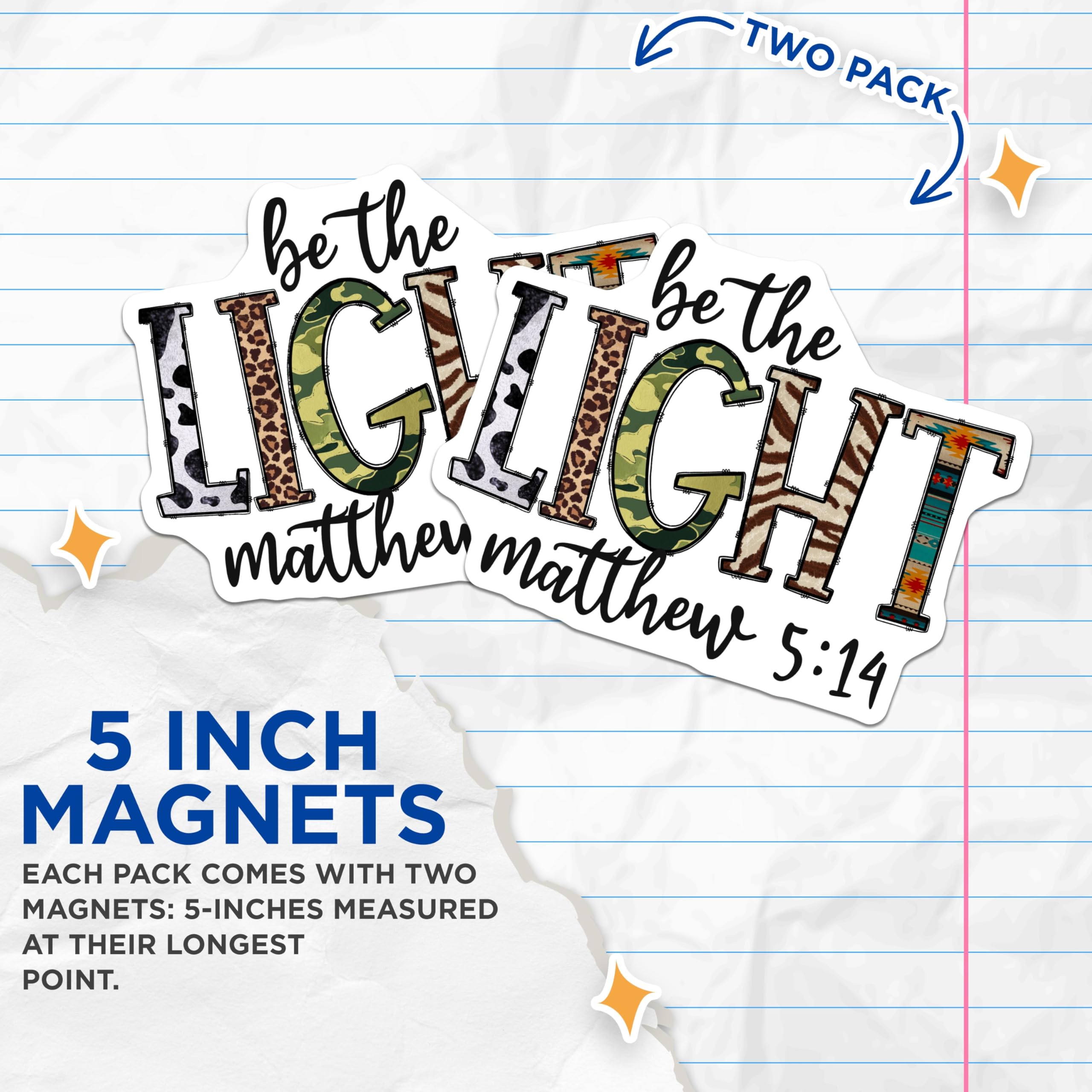 (2 Pack) Be The Light Matthew 5:14 Magnets - Christian Bible Verse Faith Decor - Inspirational Animal Print Western Boho - 5 Inches On Longest Side - Thick Durable Magnet - Made in USA - MAG27664
