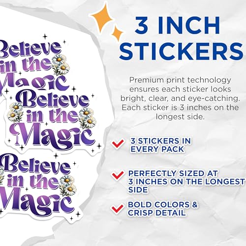 (3 Pack) Believe in Magic Decals - Floral Laptop Decals - Positive Affirmation Stickers - 3 Inches On Longest Side - Easy Peel & Apply - Made in USA - 3MCS6816