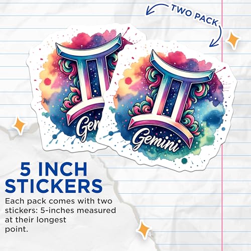 (2 Pack) Gemini Astrology Stickers - Zodiac Sign Decor - Horoscope Art Stickers - 5" On Longest Side - Sticks to Smooth Flat Surfaces - Made in USA - BMCS6652