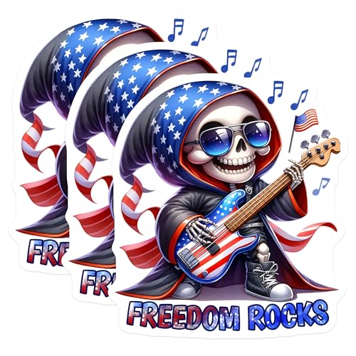 (3 Pack) Freedom Rocks Decals - Patriotic Skeleton - American Flag Guitar Sticker - 3 Inches On Longest Side - Easy Peel & Apply - Made in USA - 3MCS6681