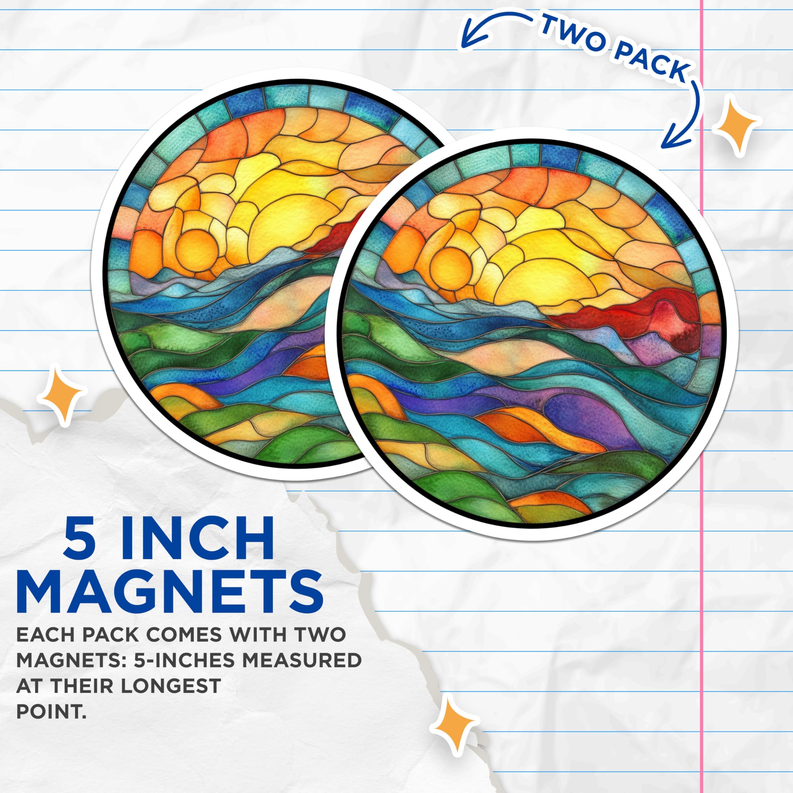 (2 Pack) Stained Glass Magnets - Sunset Ocean View - Bohemian Decor Art - 5 Inches On Longest Side - Thick Durable Magnet - Made in USA - MAG25670