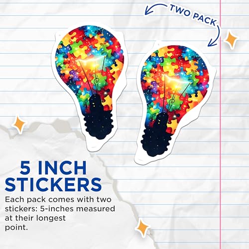 (2 Pack) Puzzle Lightbulb Stickers - Colorful Brain Puzzle - Autism Awareness - 5" On Longest Side - Sticks to Smooth Flat Surfaces - Made in USA - BMCS7897