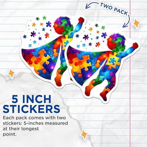 (2 Pack) Superhero Puzzle Piece Stickers - Autism Awareness - Colorful Vinyl - 5" On Longest Side - Sticks to Smooth Flat Surfaces - Made in USA - BMCS7889