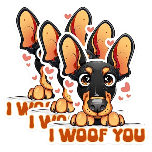 (3 Pack) Doberman Puppy Decals - I Woof You - Cute Dog Laptop Decal - 3 Inches On Longest Side - Easy Peel & Apply - Made in USA - 3MCS1400