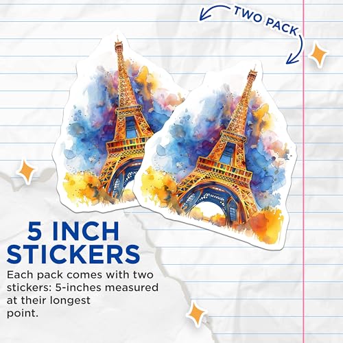 (2 Pack) Eiffel Tower Stickers - Paris Landmark Stickers - Travel Stickers - Colorful Eiffel Tower Decal - 5" On Longest Side - Sticks to Smooth Flat Surfaces - Made in USA - BMCS5188