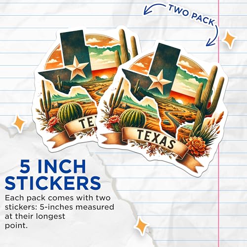 (2 Pack) Texas Travel Stickers - Western Landscape - Cute Cactus Decals - 5" On Longest Side - Sticks to Smooth Flat Surfaces - Made in USA - BMCS7167