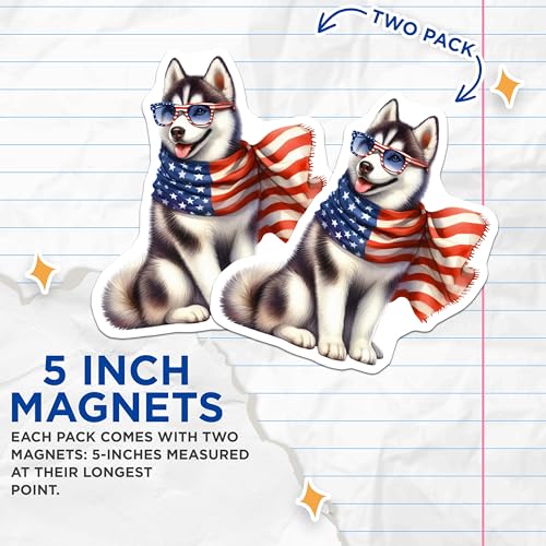 (2 Pack) Patriotic Husky Magnets - Dog Lover Magnet - American Flag Pet Decor - 5" On Longest Side - for Cars, Fridges, Toolboxes - Made in USA - MAG6862