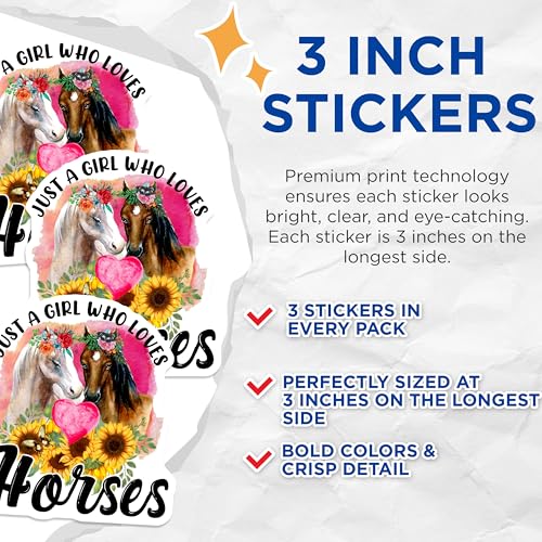 (3 Pack) Horse Lover Decals - Floral Horse Art - Girl Who Loves Horses Decal - 3 Inches On Longest Side - Easy Peel & Apply - Made in USA - 3MCS4545