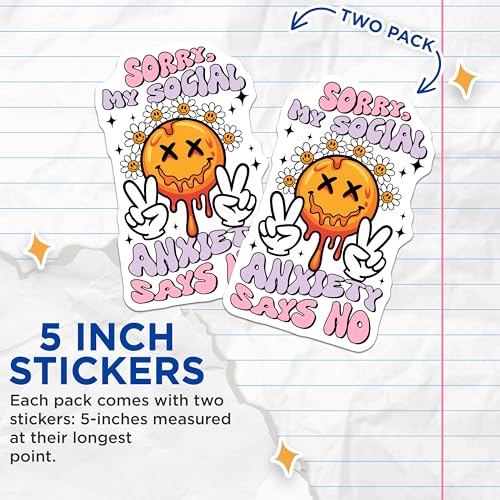 (2 Pack) Sorry My Social Anxiety Says No Stickers - Funny Mental Health Awareness - Cute Smiley Face Peace Sign - 5" On Longest Side - Sticks to Smooth Flat Surfaces - Made in USA - BMCS7671