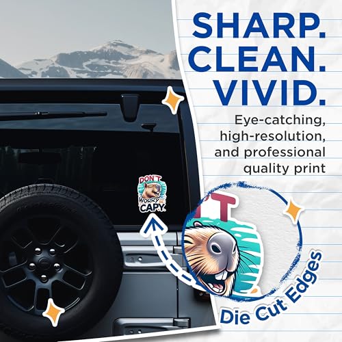 (2 Pack) Don't Worry Be Capy Stickers - Inspirational Animal Stickers - Cute Capybara Art Stickers - 5" On Longest Side - Sticks to Any Smooth Flat Surface - Made in USA - BMCS2669