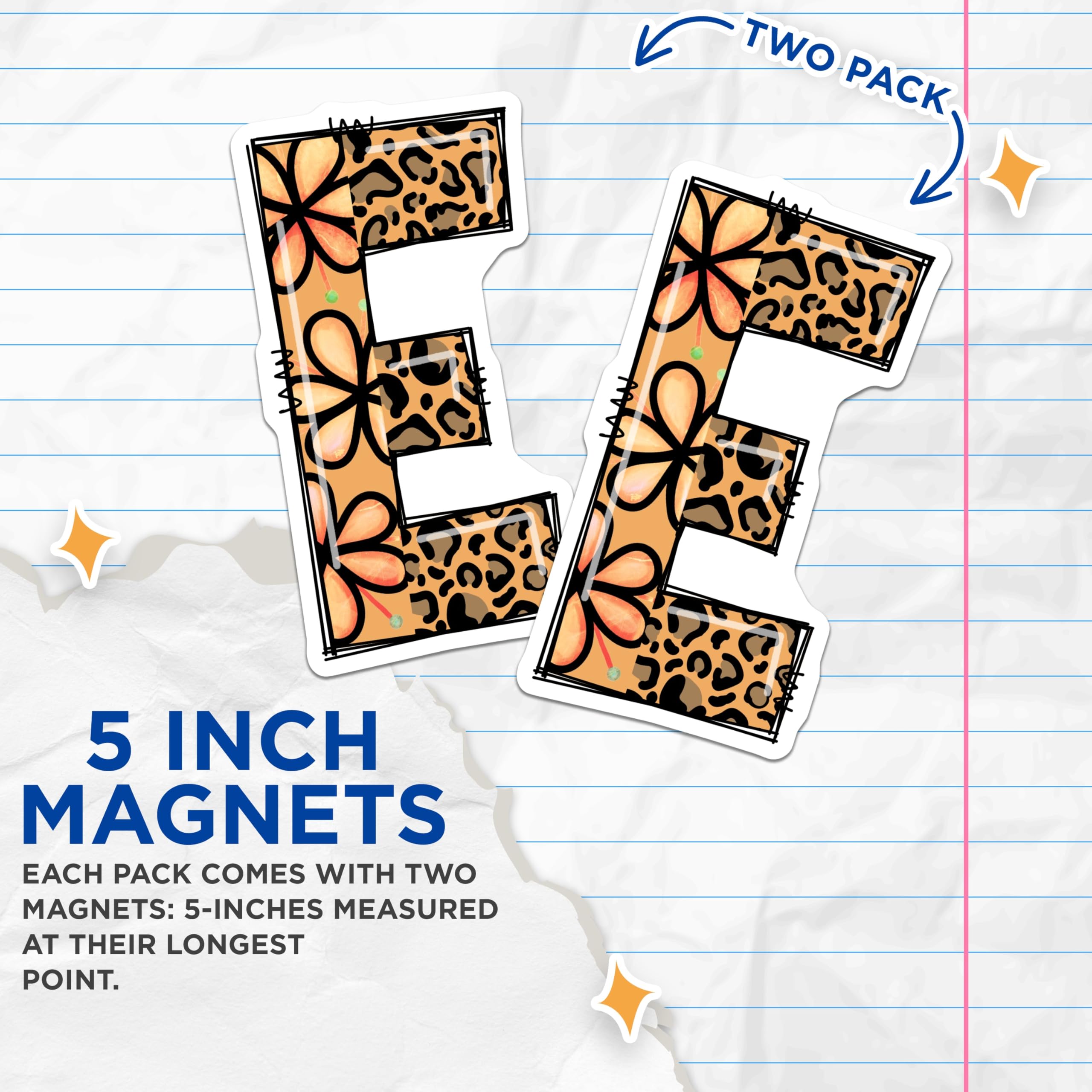 (2 Pack) Letter E Magnets - Floral Cheetah Design - Alphabet Initial Fridge Magnets - 5" On Longest Side - Premium Magnet - for Cars, Refrigerators, Toolboxes, Lockers - Made in USA - MAG16335
