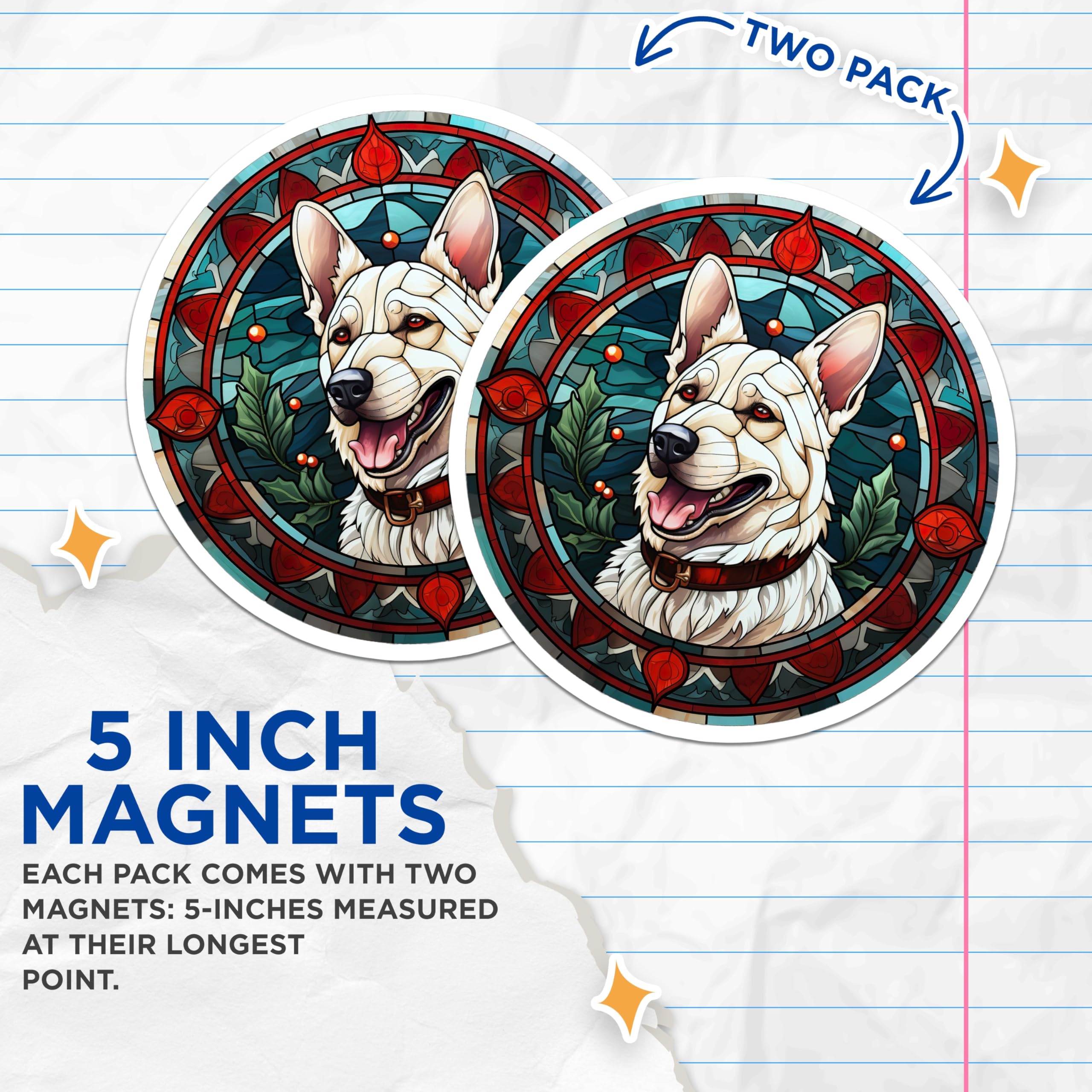 (2 Pack) White Dog Stained Glass Magnets - Christmas Holiday Decor Pet Parent - Winter Animal Art Refrigerator Door - 5 Inches On Longest Side - Thick Durable Magnet - Made in USA - MAG29755