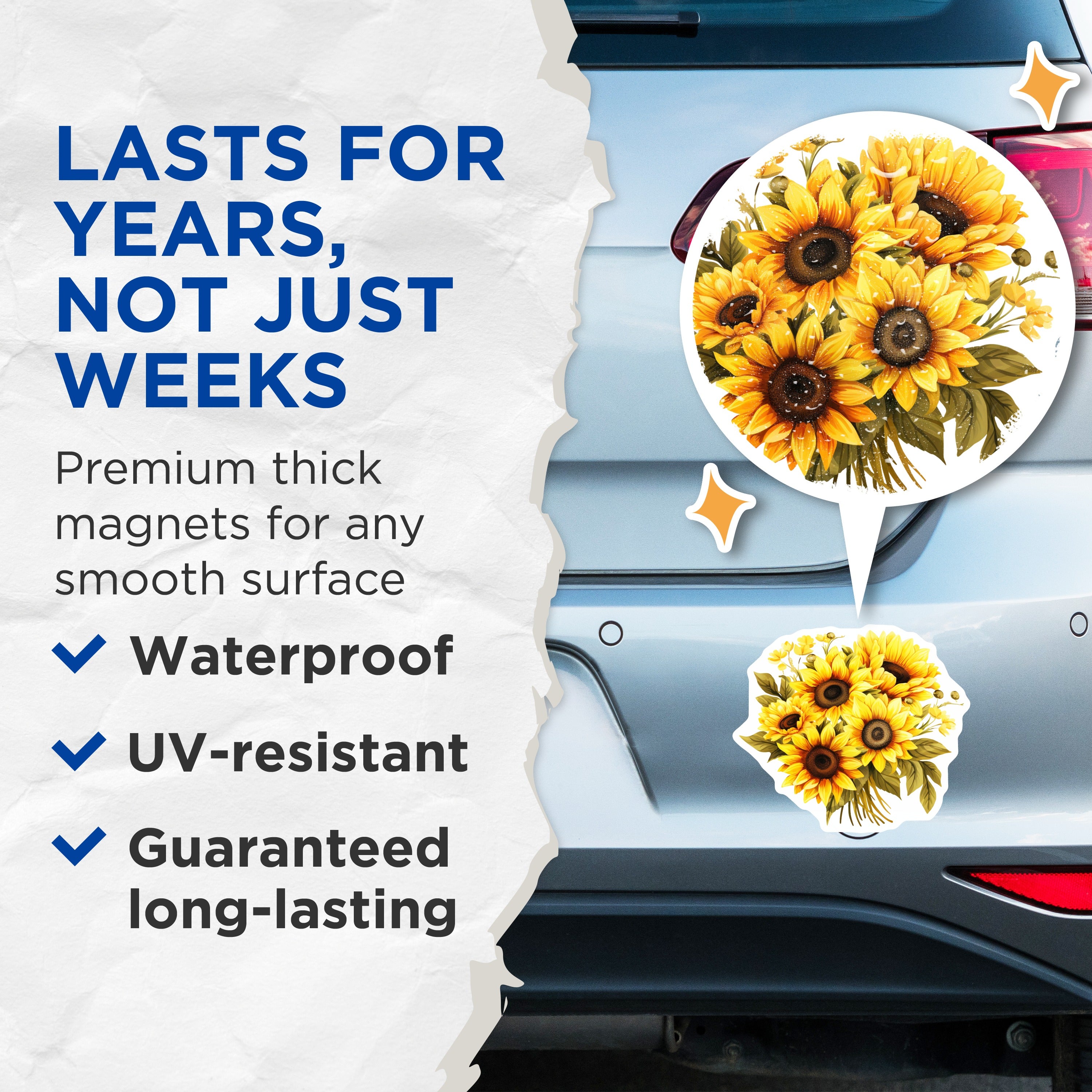 (2 Pack) Sunflower Magnets - Farmhouse Kitchen Decor - Vibrant Floral Home Accent - 5 Inches On Longest Side - Thick Durable Magnet - Made in USA - MAG36552