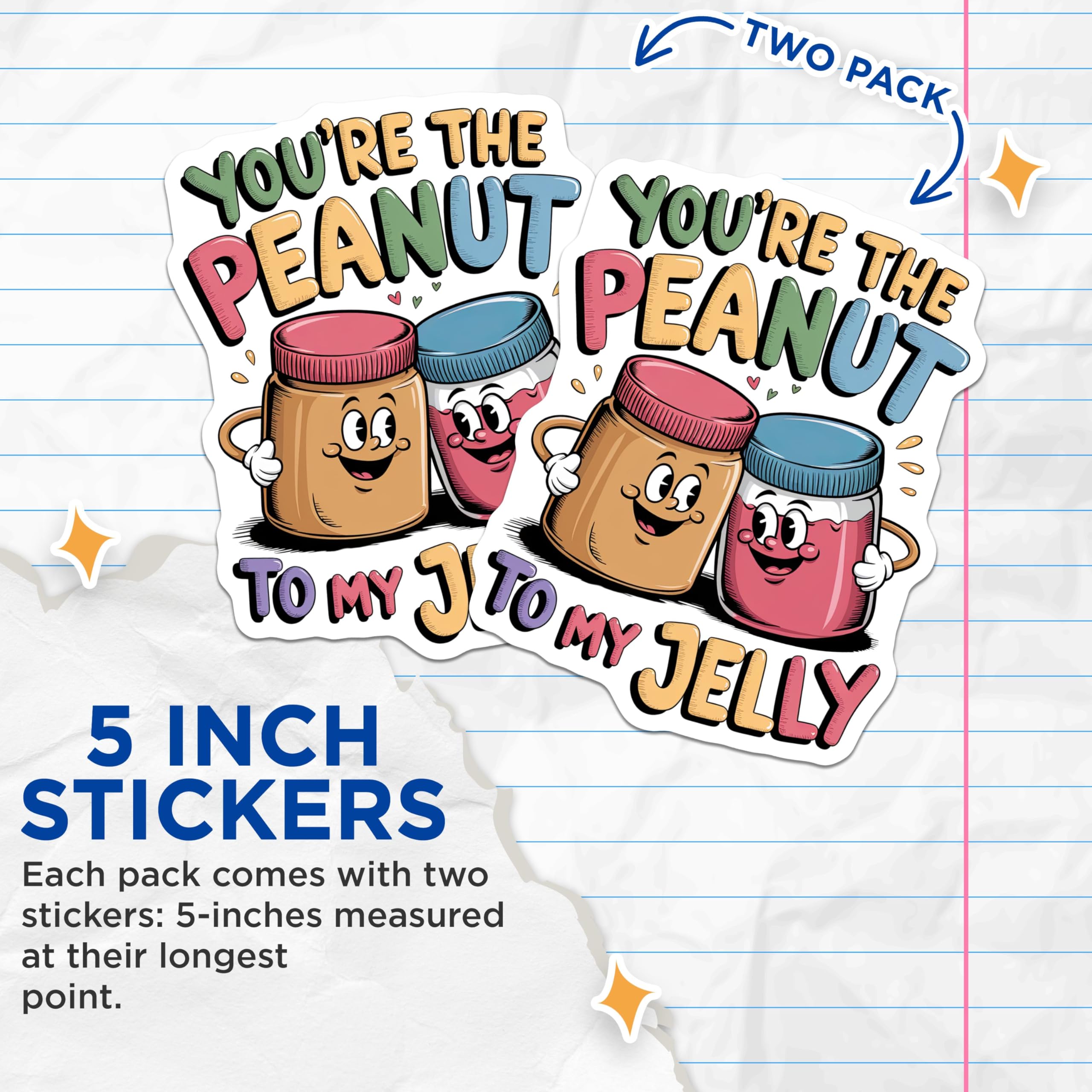 (2 Pack) You're The Peanut to My Jelly Stickers - Cute Food Pun Stickers - Fun Kitchen Fridge Stickers - 5" On Longest Side - Sticks to Smooth Flat Surfaces - Made in USA - BMCS4618