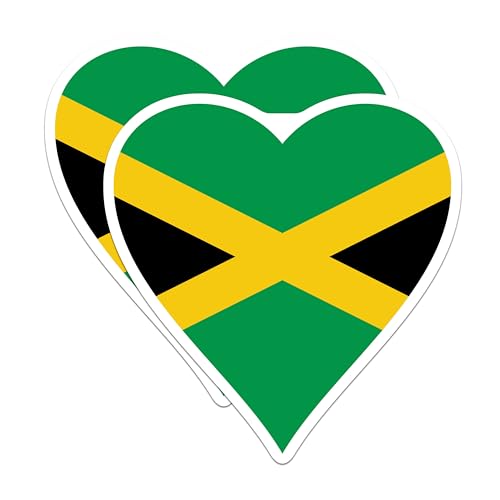 (2 Pack) Jamaican Heart Stickers - Flag Design - Country Love Vinyl Decal - 5" On Longest Side - Sticks to Smooth Flat Surfaces - Made in USA - BMCS6167
