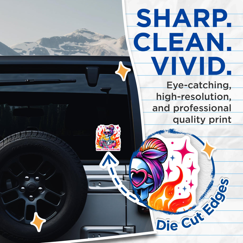 (2 Pack) Cool Skeleton Stickers - Don't Lose Your Fire - Motivational Quote - 5" On Longest Side - Sticks to Smooth Flat Surfaces - Made in USA - BMCS9771