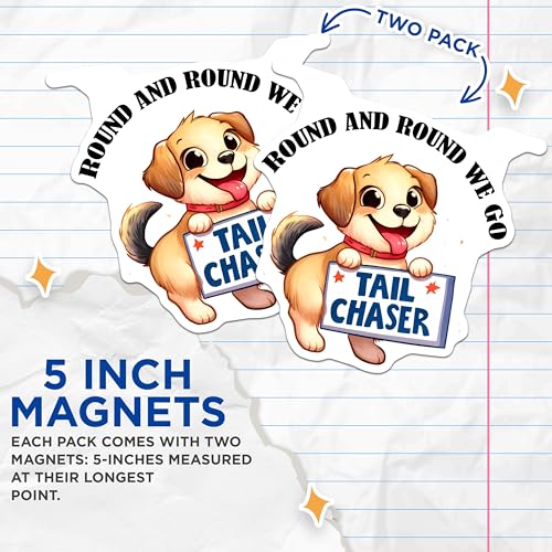 (2 Pack) Round and Round We Go Tail Chaser Magnets - Cute Dog Magnets - Fun Fridge Magnets for Kids - 5" On Longest Side - for Cars, Fridges, Toolboxes - Made in USA - MAG3735