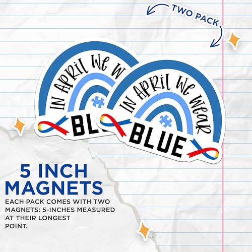 (2 Pack) in April We Wear Blue Magnets - Autism Awareness - Rainbow Puzzle Piece Magnets - 5" On Longest Side - for Cars, Fridges, Toolboxes - Made in USA - MAG4278