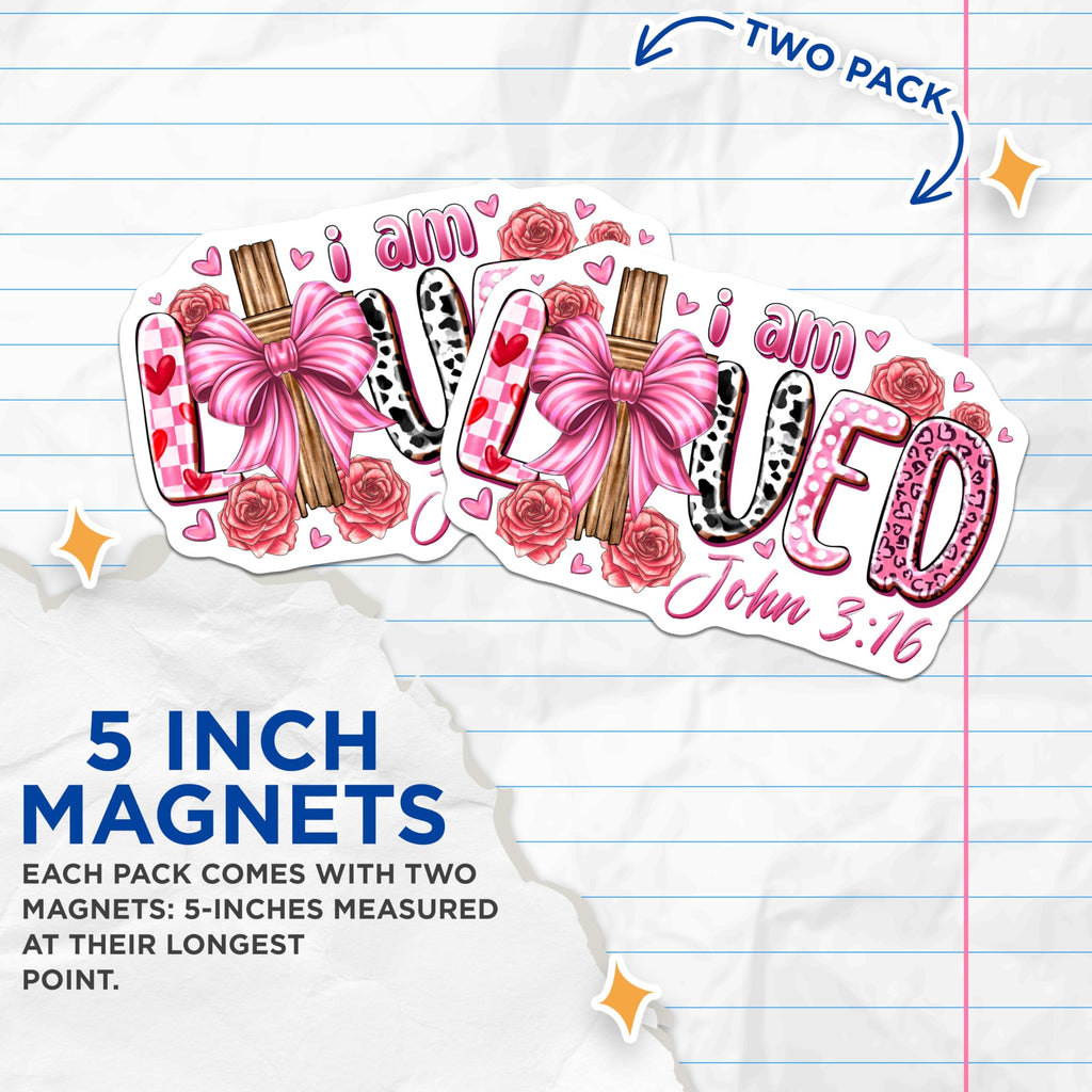 (2 Pack) I Am Loved Magnets - Christian Scripture Verse - John 3 16 Inspirational Decor - 5 Inches On Longest Side - Thick Durable Magnet - Made in USA - MAG25635
