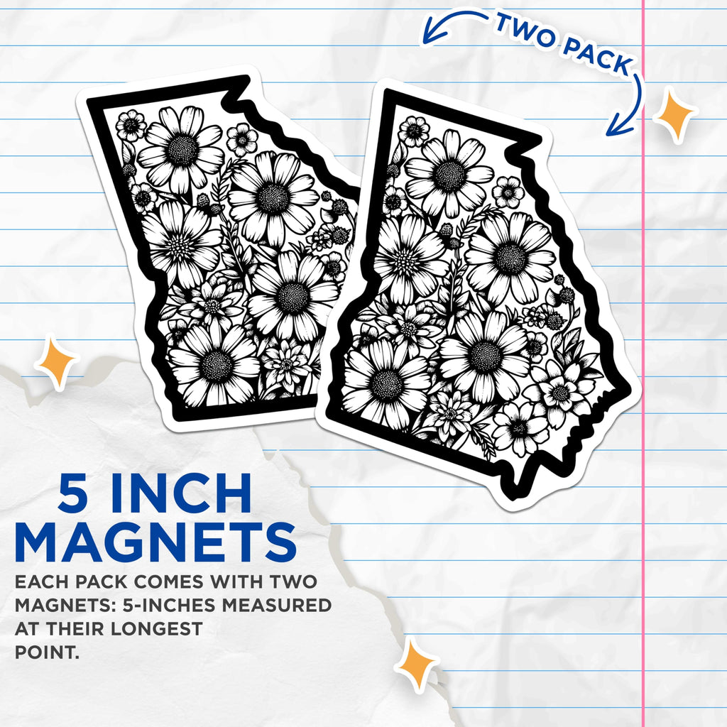 (2 Pack) Georgia State Magnets - Floral Art - Souvenir Refrigerator Magnets - 5" On Longest Side - Premium Magnet - for Cars, Refrigerators, Toolboxes, Lockers - Made in USA - MAG17554