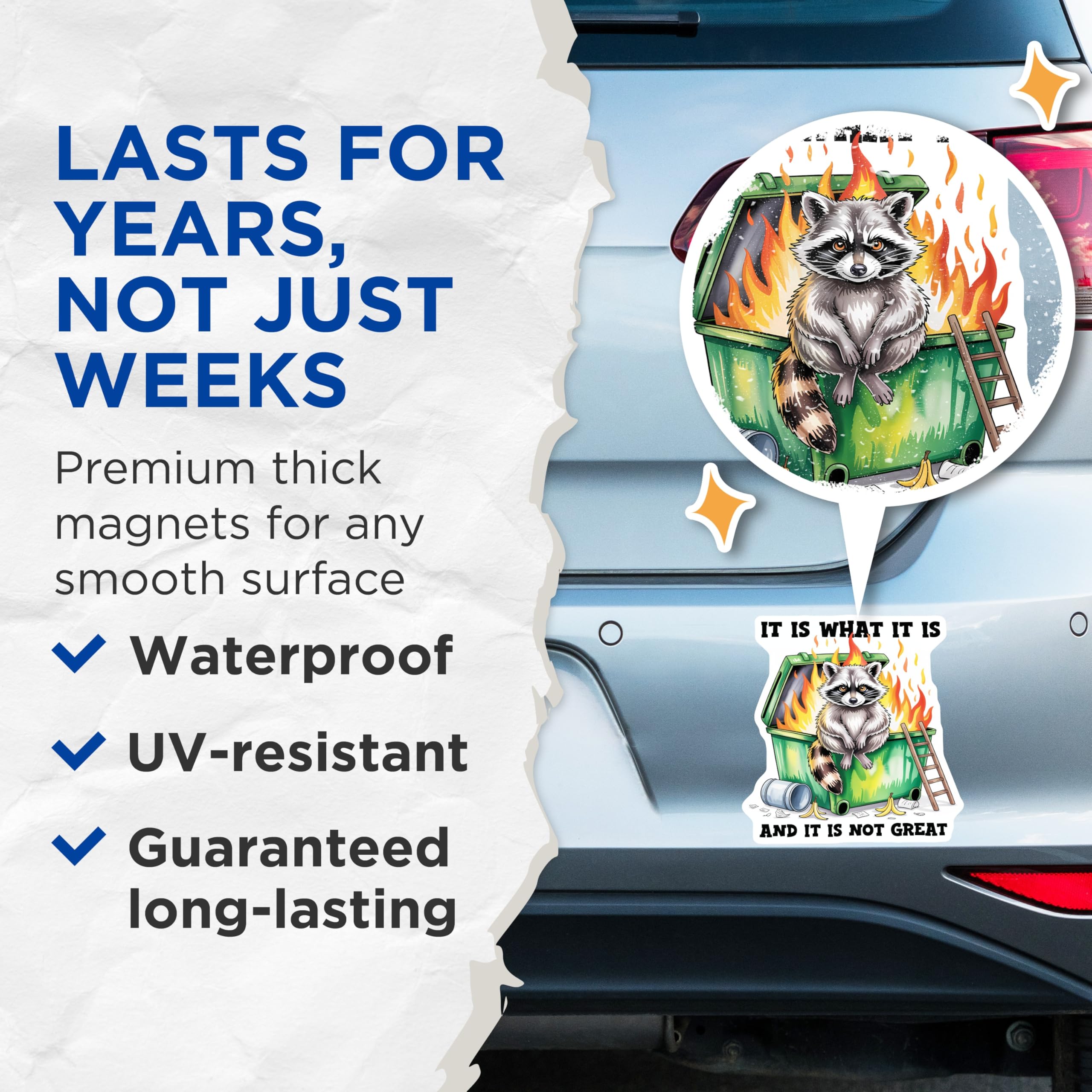 (2 Pack) It is What It is Magnets - Raccoon Dumpster Fire - Funny Meme Magnets - 5" On Longest Side - Premium Magnet - for Cars, Refrigerators, Toolboxes, Lockers - Made in USA - MAG16244