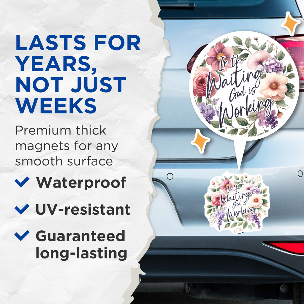 (2 Pack) Faith Based Magnets - in the Waiting God is Working Quote - Christian Home Decor - Inspirational Floral Affirmation - 5 Inches On Longest Side - Thick Durable Magnet - Made in USA - MAG24803