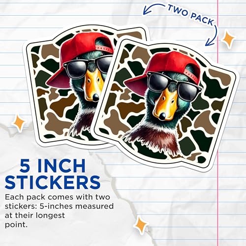 (2 Pack) Cool Duck Wearing Hat Stickers - Funny Animal Sticker - Hipster Duck Stickers for Laptops - 5" On Longest Side - Sticks to Smooth Flat Surfaces - Made in USA - BMCS6046