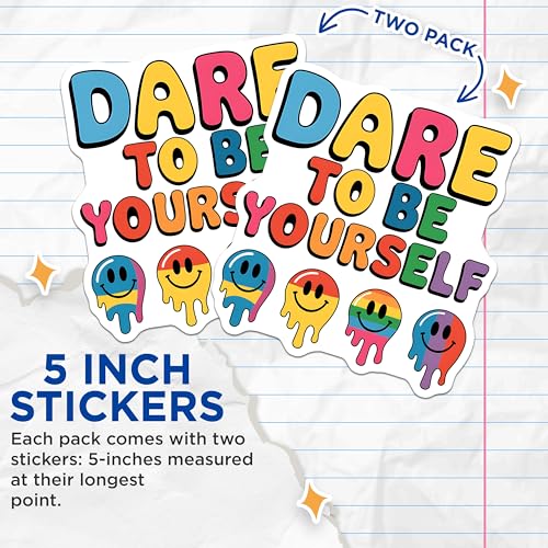 (2 Pack) Dare to Be Yourself Stickers - Positive Message Stickers - Rainbow Stickers for Laptop - 5" On Longest Side - Sticks to Smooth Flat Surfaces - Made in USA - BMCS3900