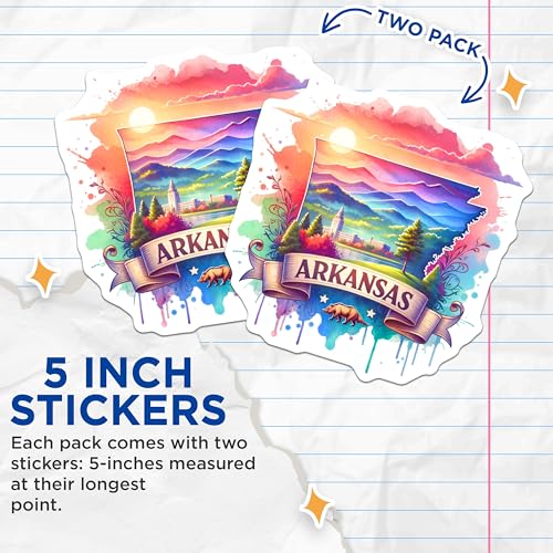 (2 Pack) Arkansas Landscape Stickers - Colorful State Art - Nature Scene Stickers - 5" On Longest Side - Sticks to Smooth Flat Surfaces - Made in USA - BMCS6630