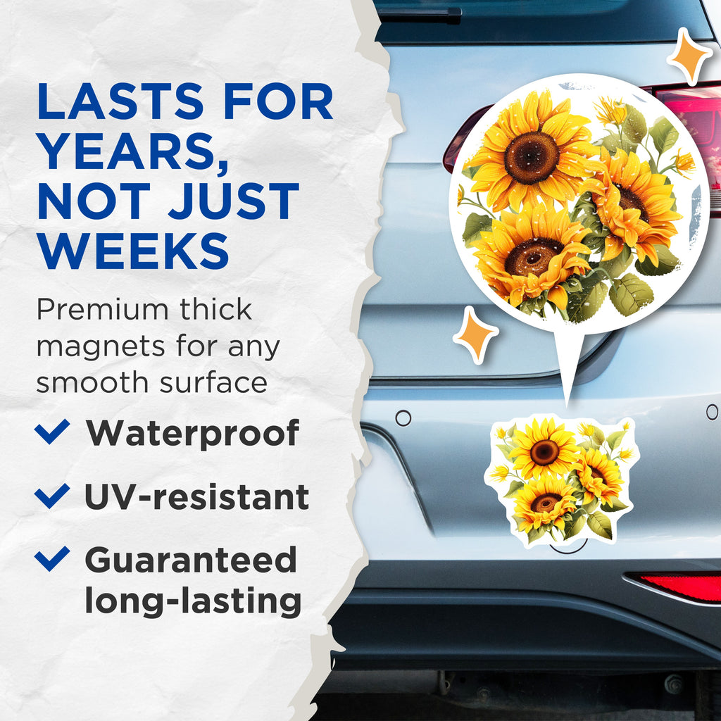 (2 Pack) Sunflower Magnets - Cheerful Botanical Floral Decor - Vibrant Summer Kitchen Fridge Art - 5 Inches On Longest Side - Thick Durable Magnet - Made in USA - MAG39195
