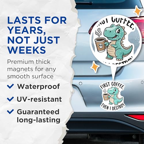 (2 Pack) Coffee Lover Magnets - Funny Dinosaur - First Coffee Then I Destroy - Cute Coffee Humor - 5" On Longest Side - for Cars, Fridges, Toolboxes - Made in USA - MAG5578