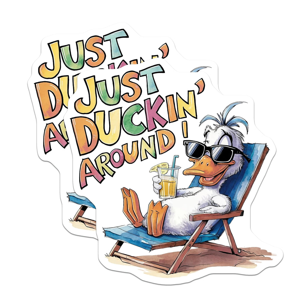 (2 Pack) Funny Cartoon Duck Stickers - Just Duckin Around - 5" On Longest Side - Sticks to Smooth Flat Surfaces - Made in USA - BMCS8542 - BMCS8542