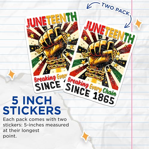 (2 Pack) Juneteenth Breaking Chains Stickers - Black History Month - Afrocentric Pride - 5" On Longest Side - Sticks to Smooth Flat Surfaces - Made in USA - BMCS7359