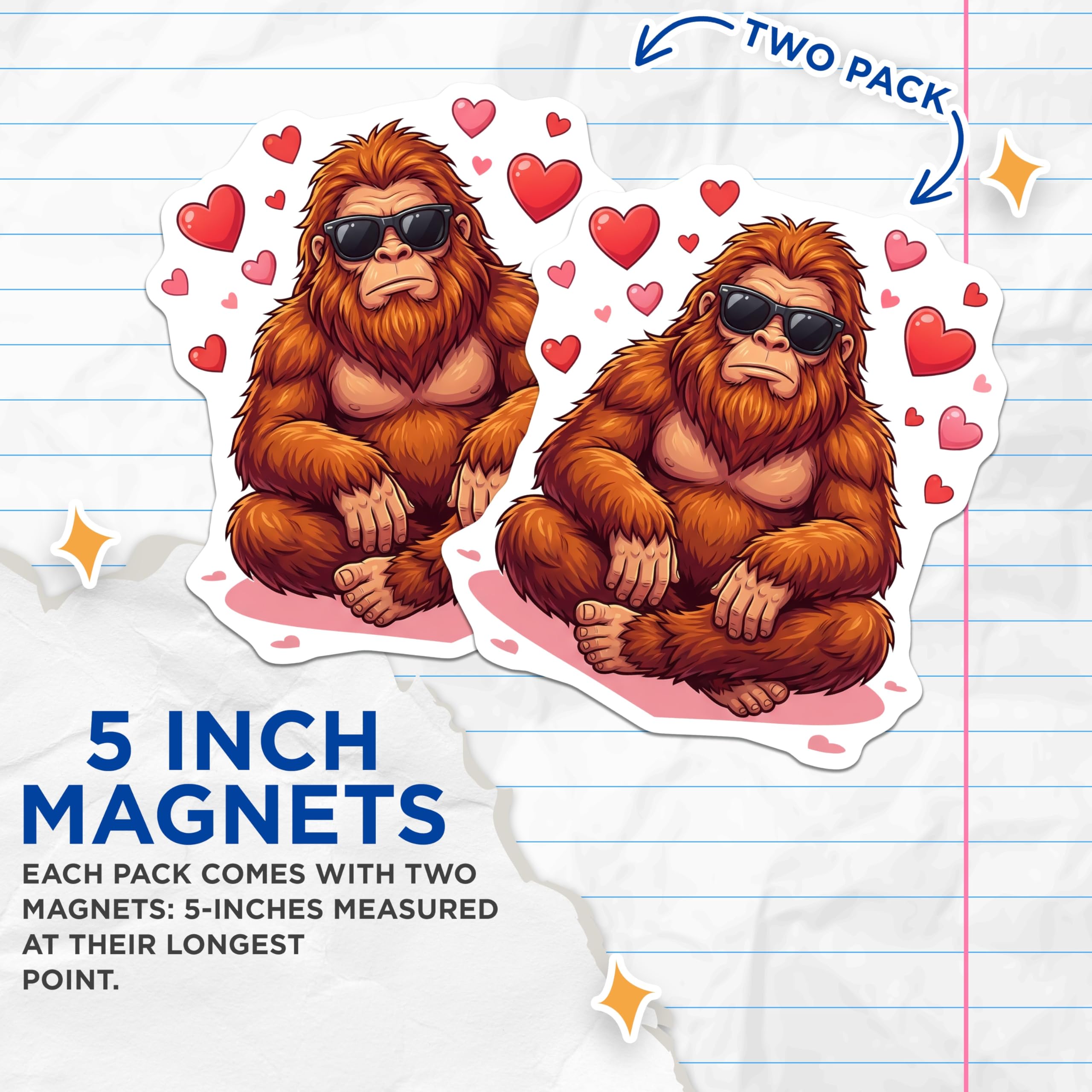 (2 Pack) Bigfoot Love Magnets - Cool Sasquatch with Hearts - Valentine's Day Home Decor - 5" On Longest Side - Premium Magnet - for Cars, Refrigerators, Toolboxes, Lockers - Made in USA - MAG15533