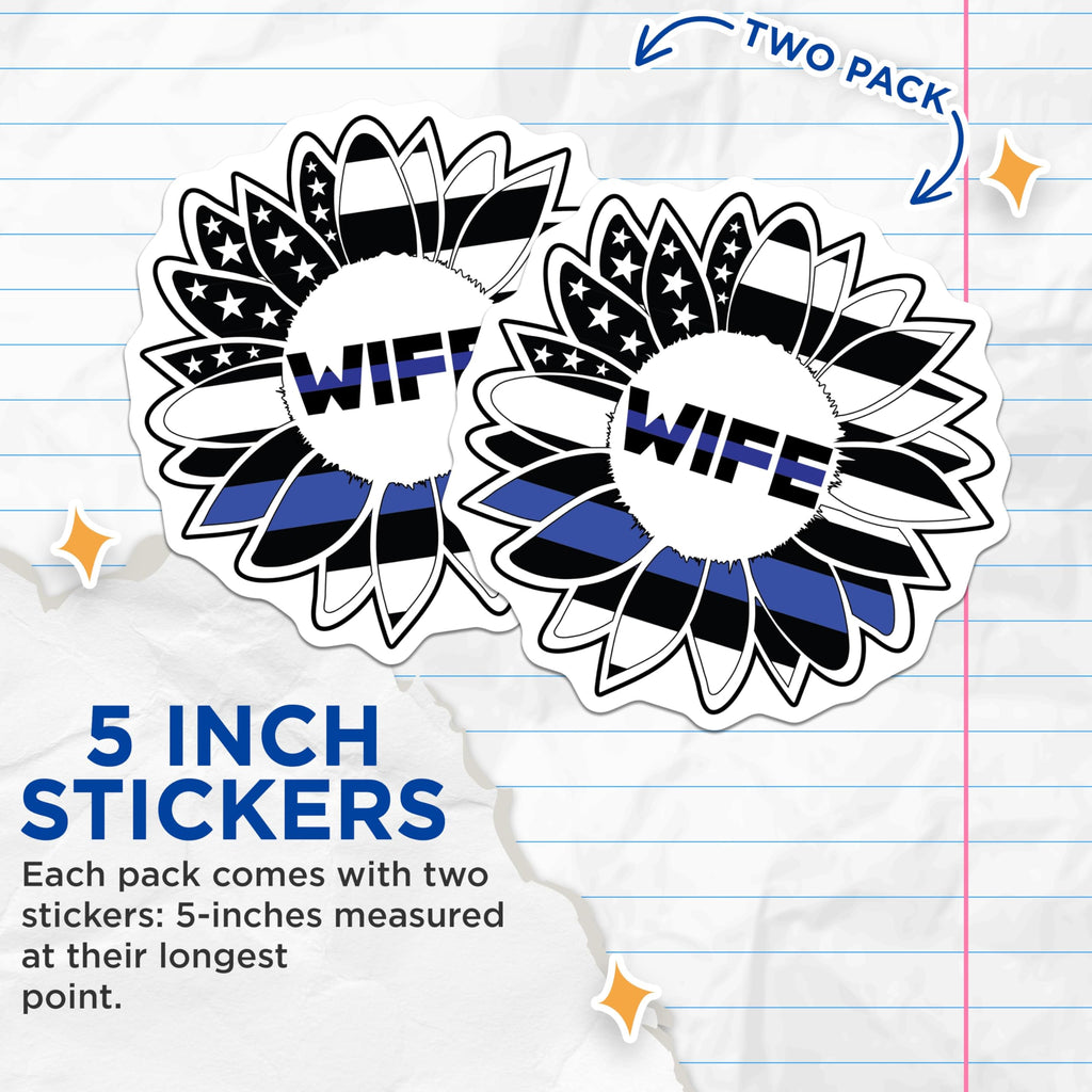 (2 Pack) Police Wife Stickers - Thin Blue Line Sunflower Decals - Law Enforcement Spouse Support - 5" On Longest Side - Sticks to Smooth Flat Surfaces - Made in USA - BMCS21116