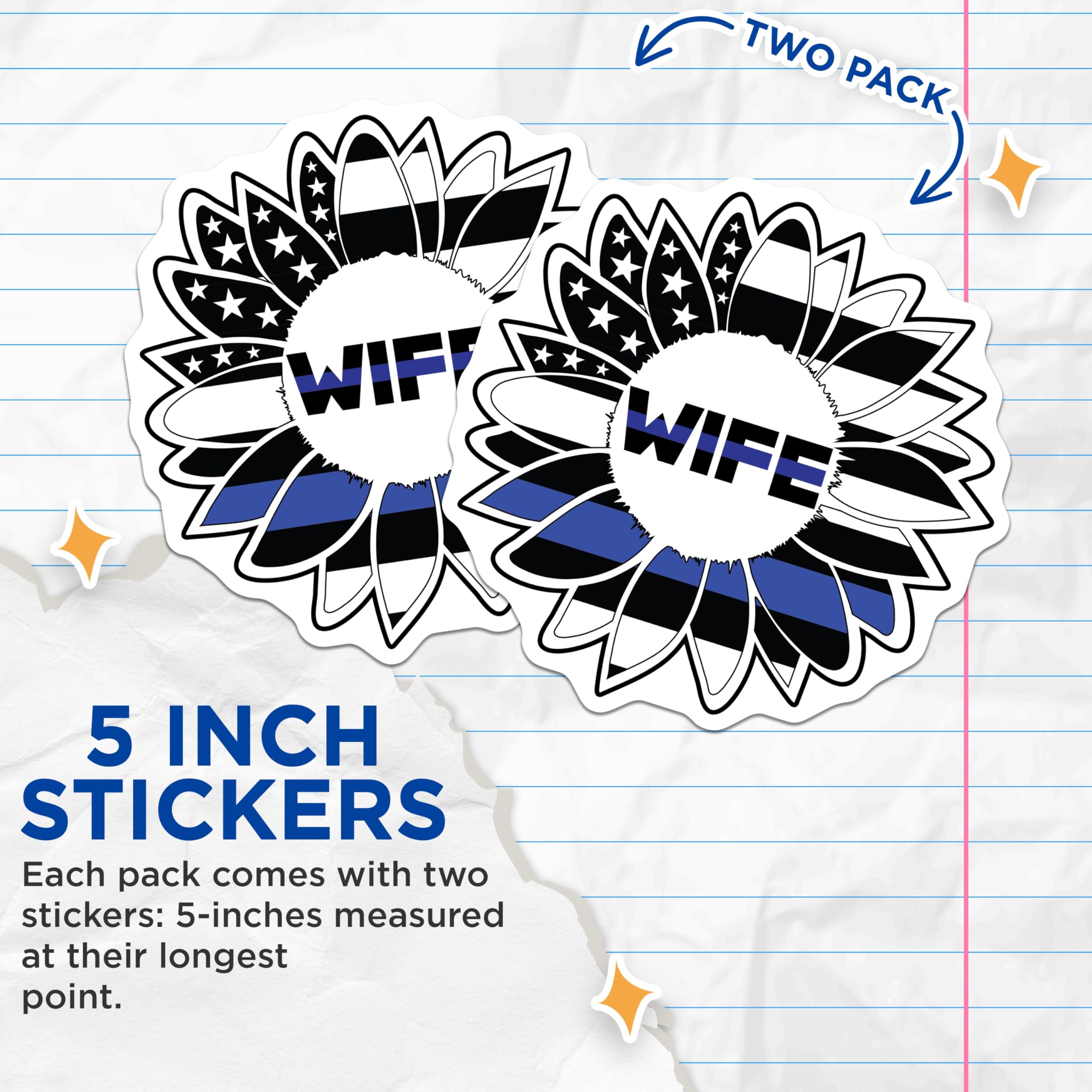 (2 Pack) Police Wife Stickers - Thin Blue Line Sunflower Decals - Law Enforcement Spouse Support - 5" On Longest Side - Sticks to Smooth Flat Surfaces - Made in USA - BMCS21116