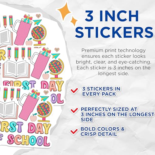 (3 Pack) First Day of School Decals - Education Stickers - Back to School Decals - 3 Inches On Longest Side - Easy Peel & Apply - Made in USA - 3MCS7883