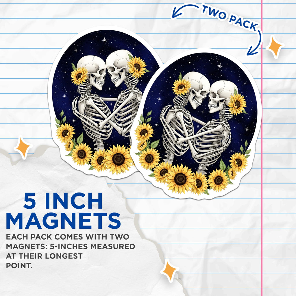 (2 Pack) Skeleton Sunflower Magnets - Gothic Home Decor - Romantic Skeleton Art - 5" On Longest Side - Premium Magnet - for Cars, Refrigerators, Toolboxes, Lockers - Made in USA - MAG17198