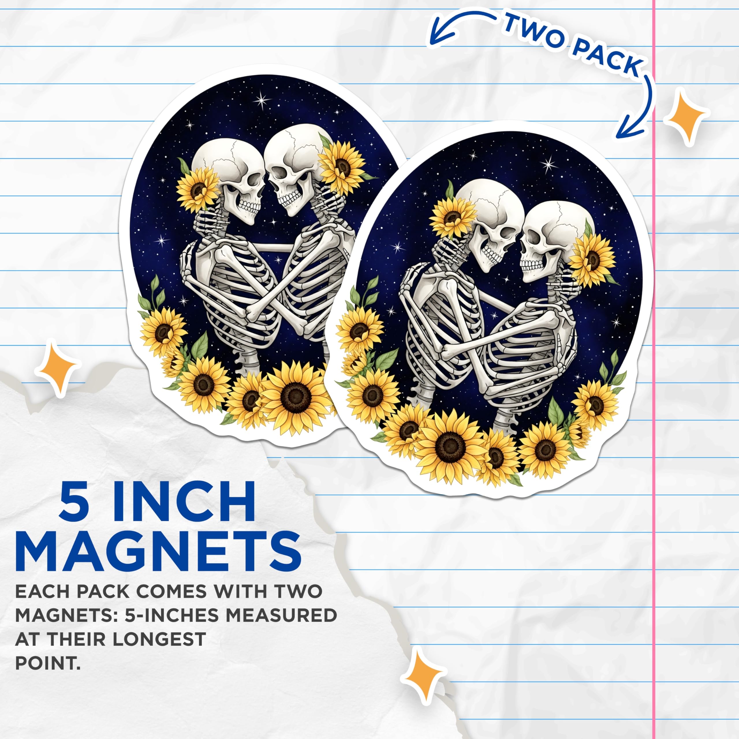 (2 Pack) Skeleton Sunflower Magnets - Gothic Home Decor - Romantic Skeleton Art - 5" On Longest Side - Premium Magnet - for Cars, Refrigerators, Toolboxes, Lockers - Made in USA - MAG17198