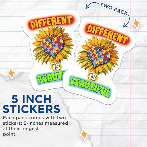 (2 Pack) Colorful Flower Heart Stickers - Different is Beautiful - Inspirational Quote - 5" On Longest Side - Sticks to Smooth Flat Surfaces - Made in USA - BMCS7264