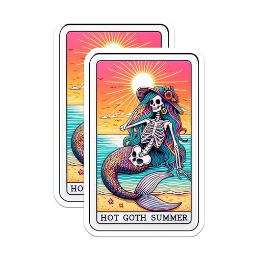 (2 Pack) Hot Goth Summer Stickers - Mermaid Skull Beach Stickers - Colorful Skeleton Art Decals - 5" On Longest Side - Sticks to Smooth Flat Surfaces - Made in USA - BMCS5072