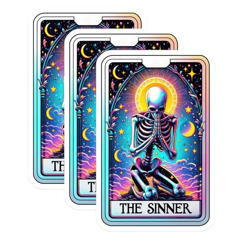 (3 Pack) Sinner Tarot Card Decals - Skeleton Laptop Decal - Occult Decal - 3 Inches On Longest Side - Easy Peel & Apply - Made in USA - 3MCS4265
