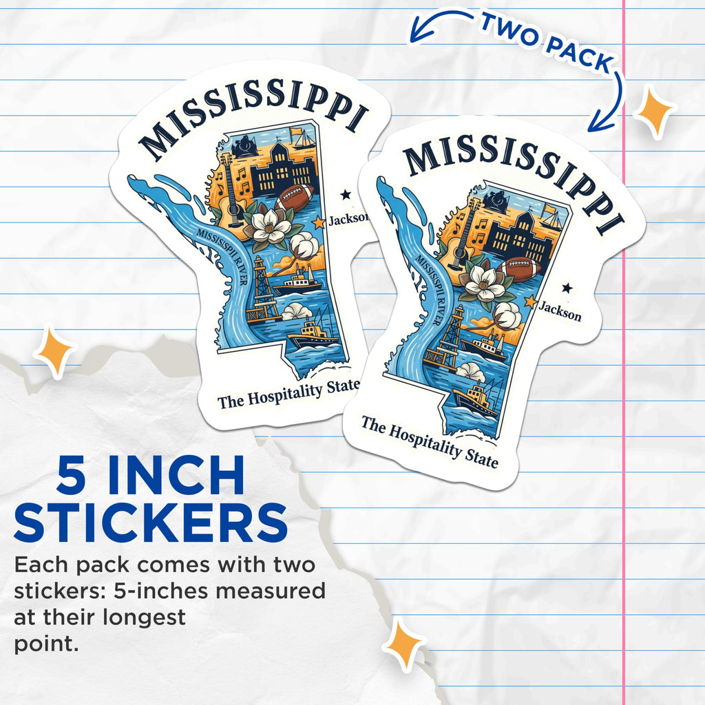 (2 Pack) Mississippi Stickers - State Pride Decals - Hospitality State Souvenirs - 5" On Longest Side - Sticks to Smooth Flat Surfaces - Made in USA - BMCS17560