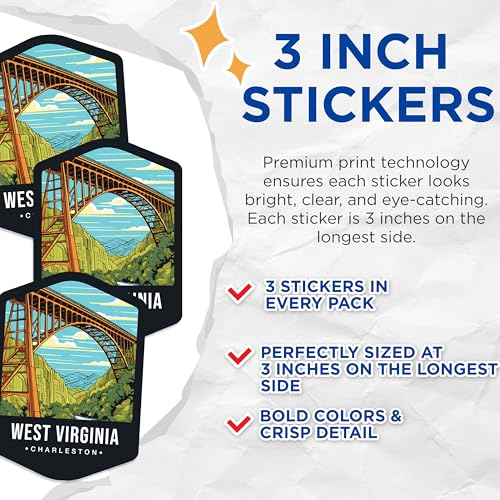 (3 Pack) West Virginia Decals - Charleston Bridge - Laptop Decal - State Travel Decal - 3 Inches On Longest Side - Easy Peel & Apply - Made in USA - 3MCS0389