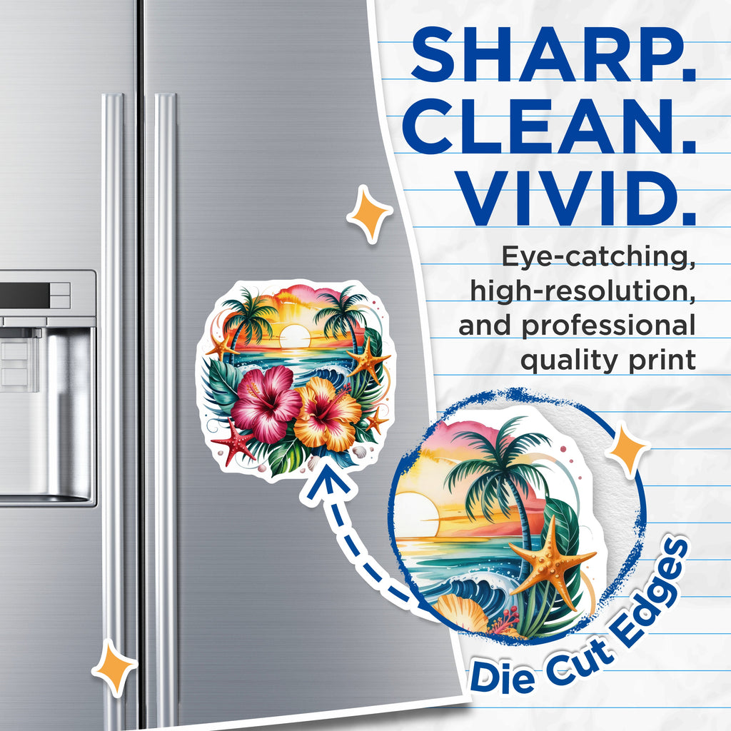 (2 Pack) Tropical Sunset Magnets - Beach Ocean Decor - Hawaiian Hibiscus Floral Palm Trees - Summer Vacation Vibes - 5 Inches On Longest Side - Thick Durable Magnet - Made in USA - MAG38461
