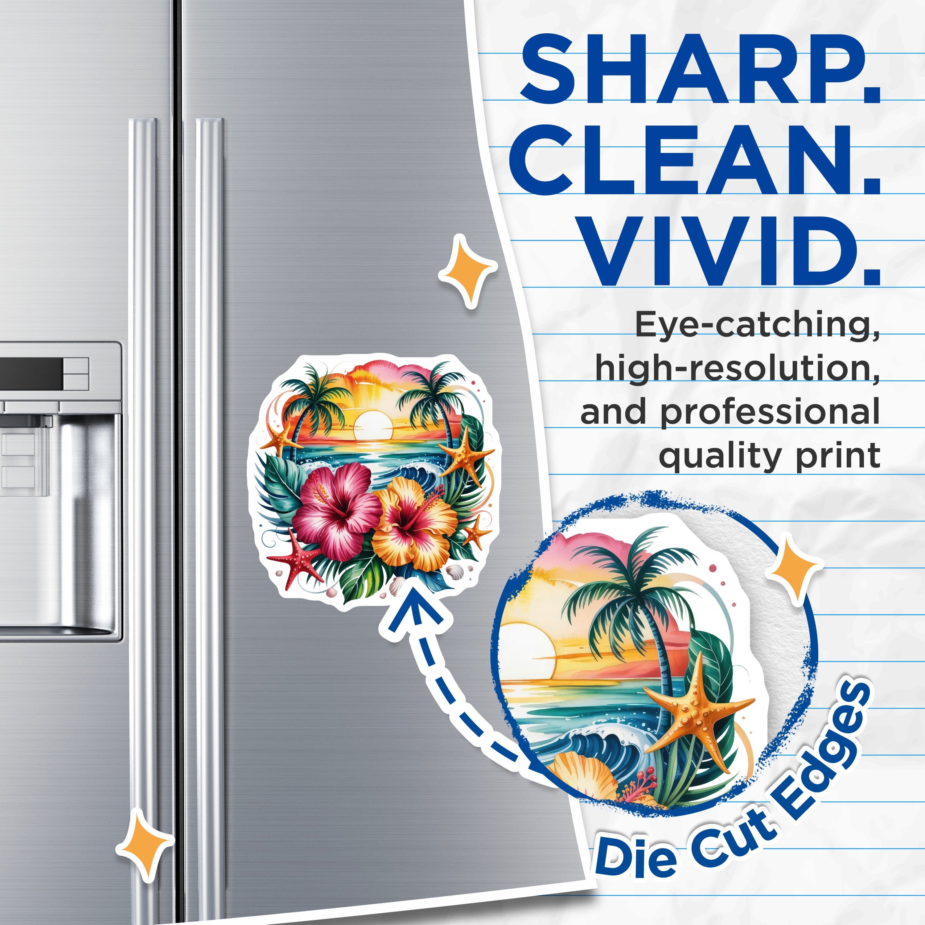 (2 Pack) Tropical Sunset Magnets - Beach Ocean Decor - Hawaiian Hibiscus Floral Palm Trees - Summer Vacation Vibes - 5 Inches On Longest Side - Thick Durable Magnet - Made in USA - MAG38461