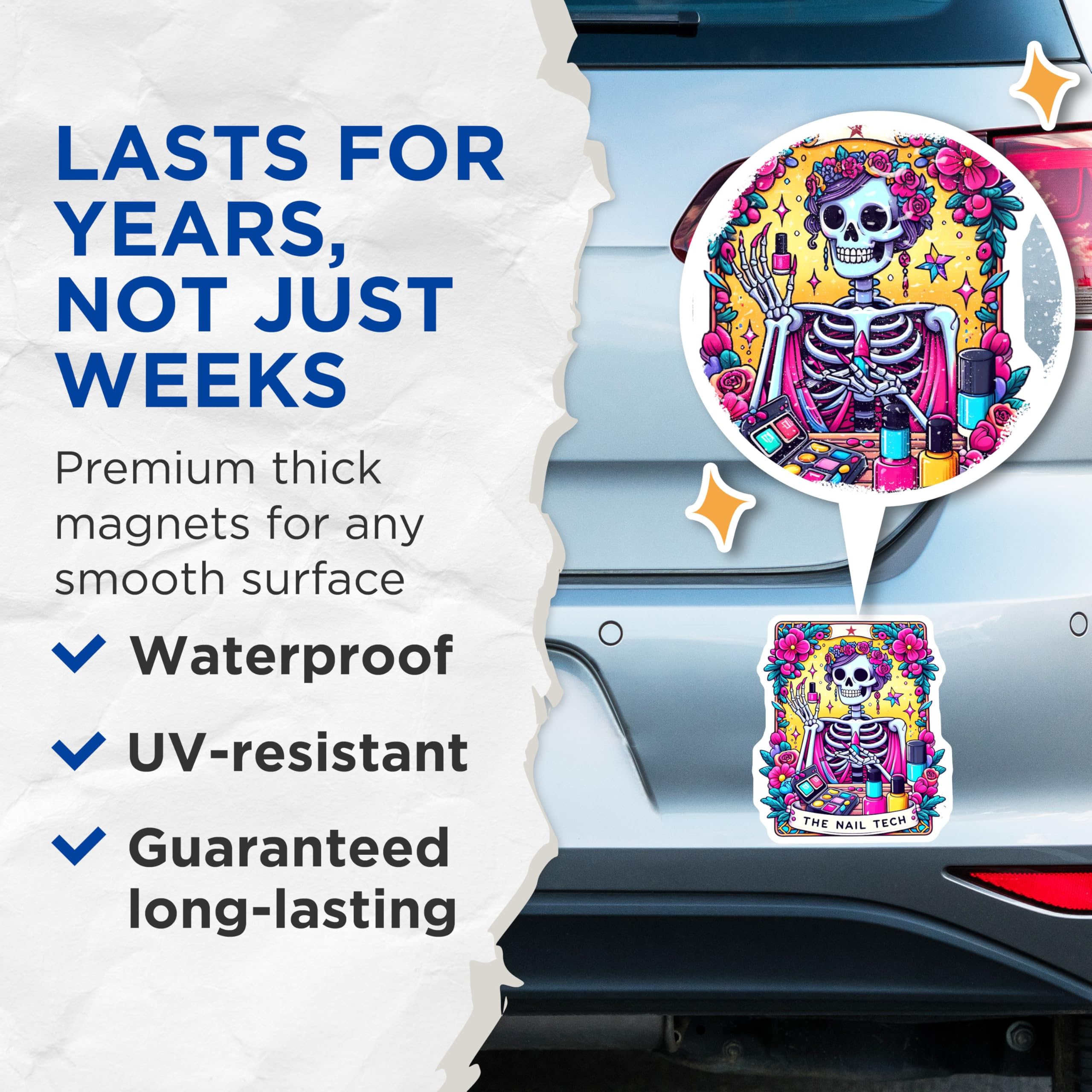 (2 Pack) Nail Tech Skeleton Magnets - Dia de Los Muertos Manicurist - Funny Salon Decor Beauty Professional - 5 Inches On Longest Side - Thick Durable Magnet - Made in USA - MAG30540
