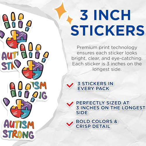 (3 Pack) Autism Awareness Decals - Autism Strong - Puzzle Piece Decals - 3 Inches On Longest Side - Easy Peel & Apply - Made in USA - 3MCS7193