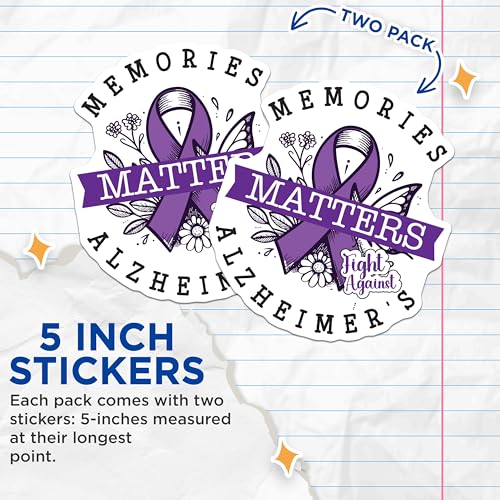 (2 Pack) Memories Matters Stickers - Fight Against Alzheimer's - Support Awareness Decal - 5" On Longest Side - Sticks to Smooth Flat Surfaces - Made in USA - BMCS5965